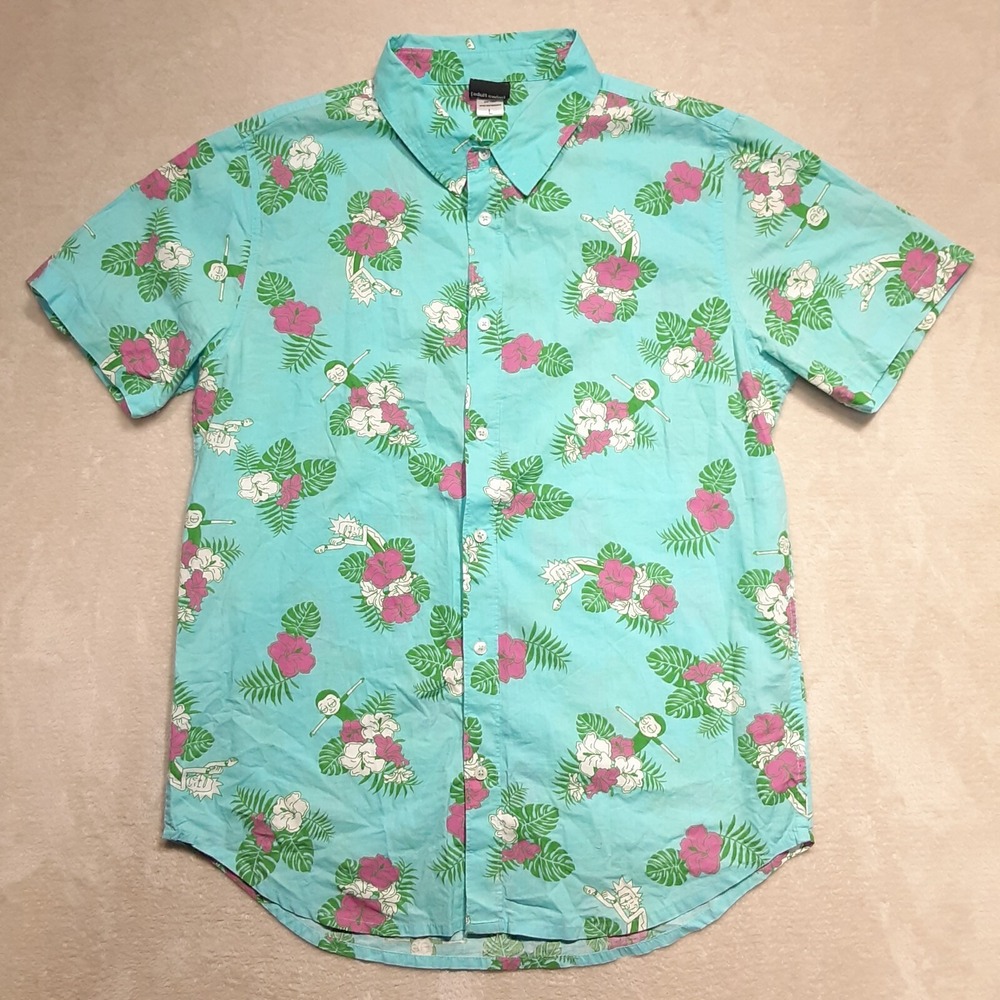Rick And Morty Mens Floral Print Button Shirt Sz.L/Blue/Adult Swim/Hawaiian